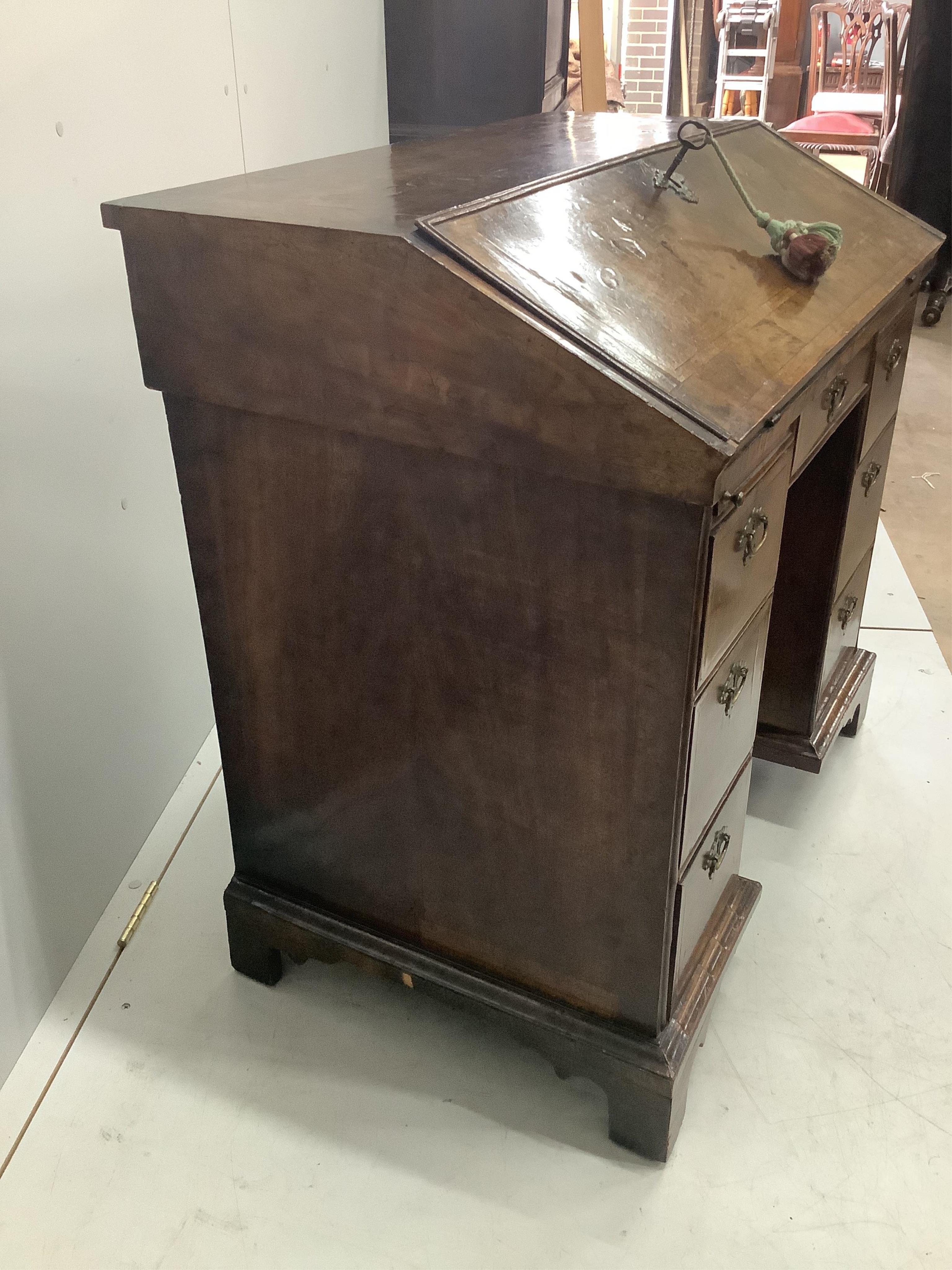 A rare William III walnut and featherbanded kneehole bureau, c.1700, with kneehole underframe, width 91cm, depth 55cm, height 88cm. Purchased from Mallett & Son of New Bond Street, 25th January 1954 for £270. Condition -